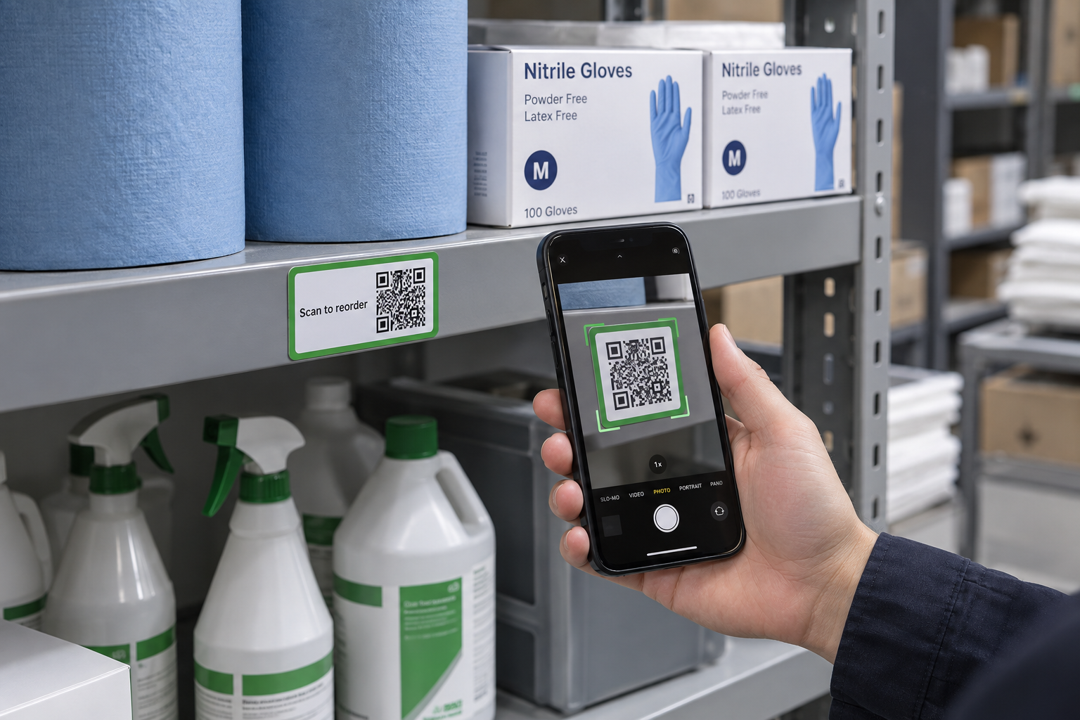 A phone held in front of a shelf QR label to scan it