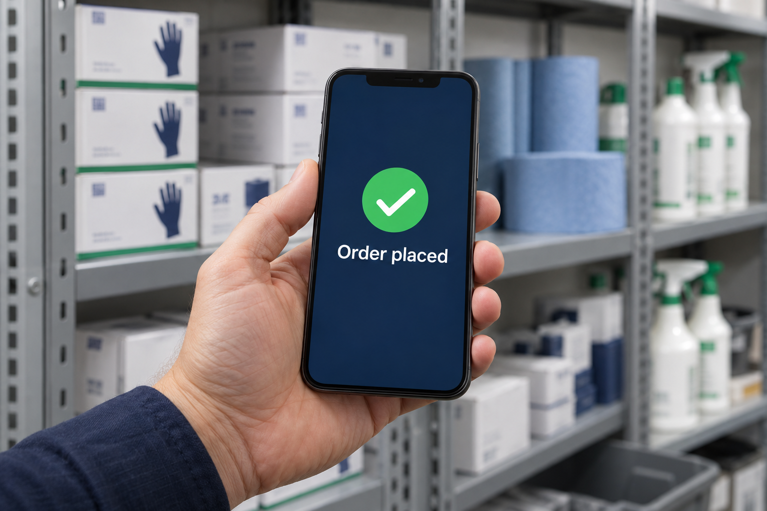 Phone showing a green confirmation tick and Order placed