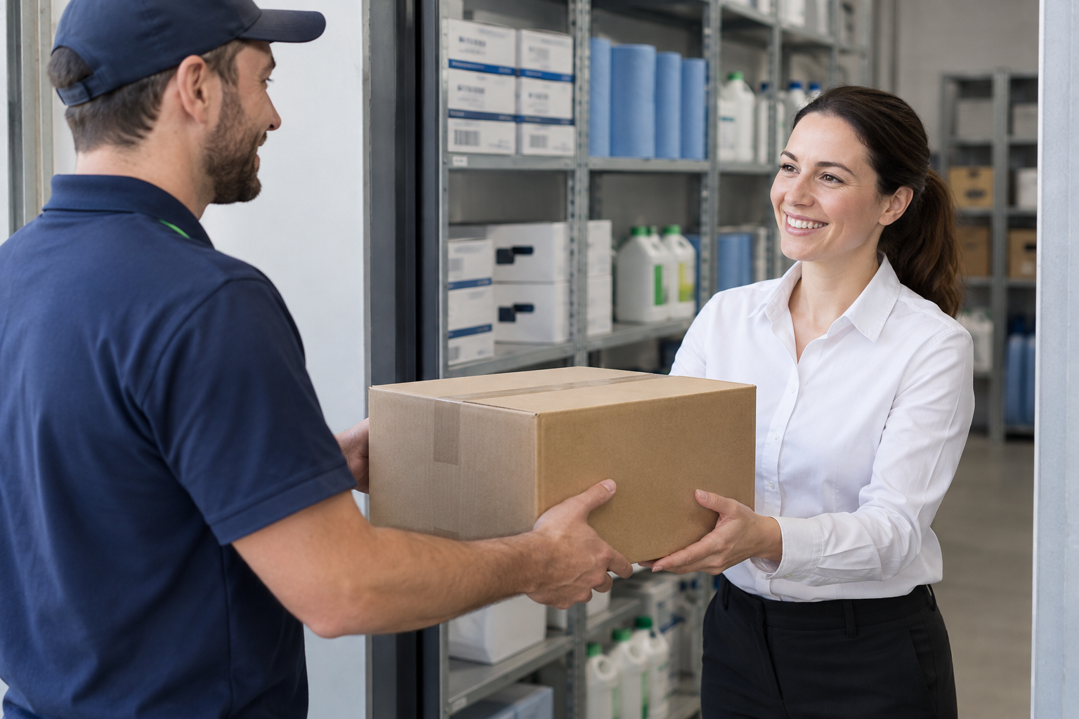 A delivery worker handing a box of supplies to a business employee